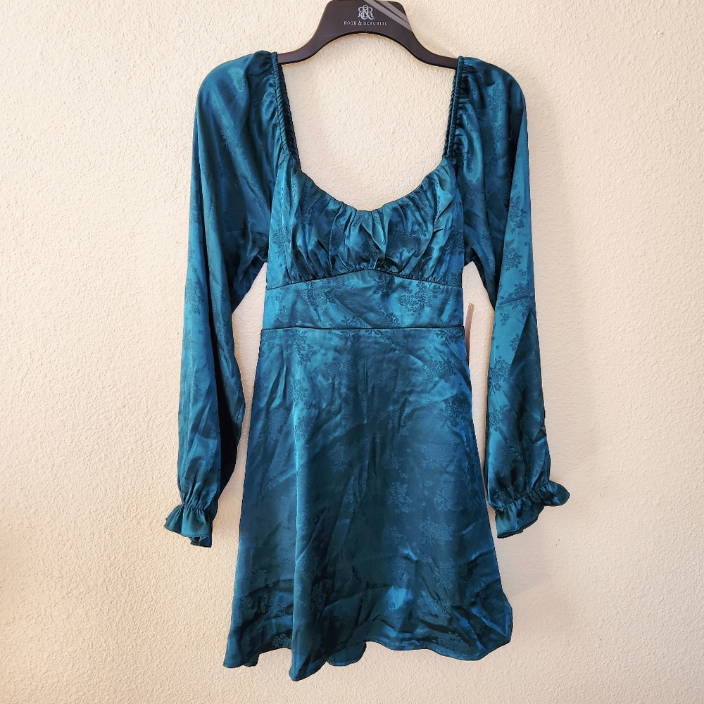 Jacquard Teal Party Satin Dress Size XL Long Sleeve Empire Waist - Picture 8 of 11